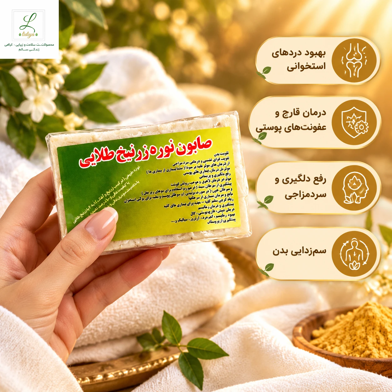 .  🌿 صابون نوره زرنیخ طلایی؛ اکسیر پاکسازی بدن، دفع سودا و درمان‌های سنتی قالب 120 گرمی